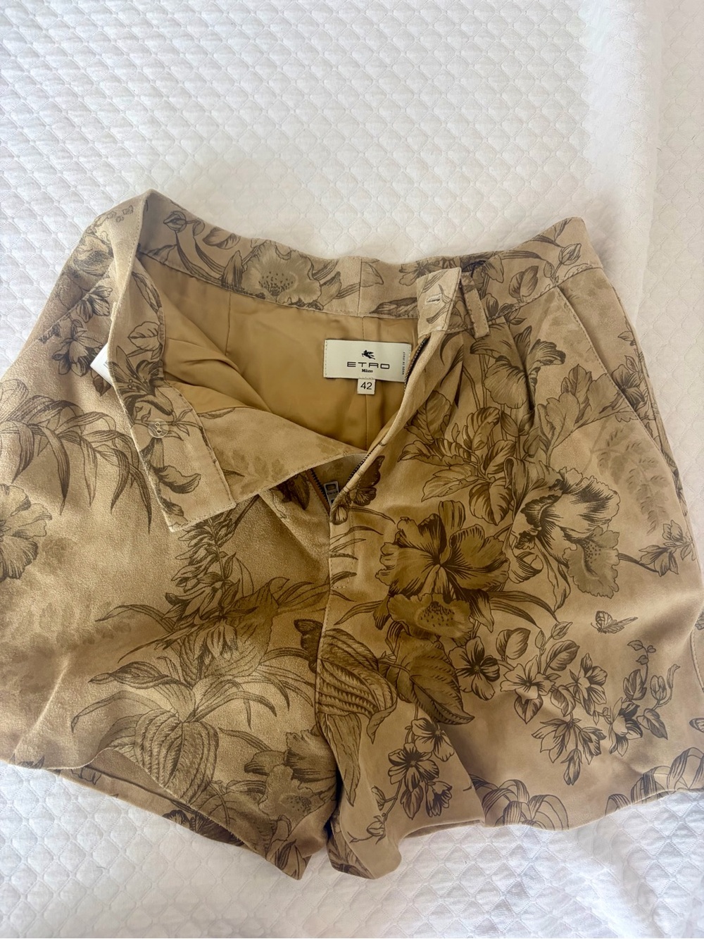 Etro Soft Suede Tan Floral-Printed High Waist Shorts
